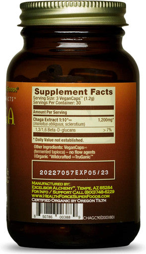 HealthForce SuperFoods Integrity Extracts Chaga - 90 VeganCaps - Wild Chaga Mushroom - Skin, Hair & Nail Health, Immune Support, Antioxidant - Certified Organic, Vegan, Kosher, Gluten Free