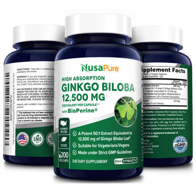 NusaPure Ginkgo Biloba Extract 12,500mg Equivalent Per Veggie Caps 200 Capsules (Vegetarian,Non-GMO, & Extract 50:1). Bioperine