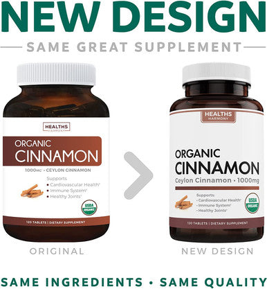 USDA Organic Ceylon Cinnamon 120 Tablets 1000mg per Serving Cinnamon Bark Supplement for Natural Support No Powder Capsules or Pills