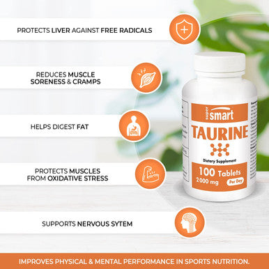 Supersmart Taurine 2000 mg Per Day Antioxidant Amino Acid Boost Physical Mental Performance Sport Nutrition NonGMO Gluten Free 100 Tablets