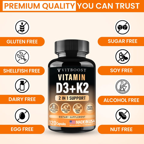 VITBOOST Vitamin D3 K2 Complex Easy to Swallow Vitamin D (D3) 5000 IU (125 mcg) and K2(MK7) 90 mcg NonGMO GlutenFree USA Made 120 Capsules