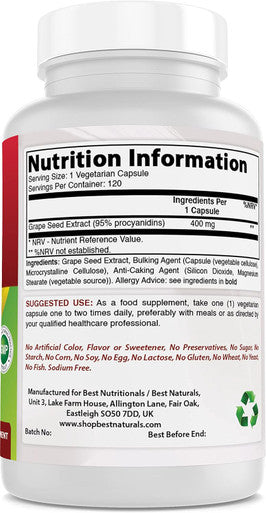 Best Naturals Grape Seed Extract 400 Mg Veggie Capsule 120 Count