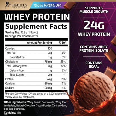 Nature'S Nutrition Whey Protein Powder 24g - Chocolate Ice Cream Whey Isolate Protein for Muscle Growth Support - Premium Whey Powder for Fast Absorbing and Easy Digesting for Men and Women Gluten - 24 Servings