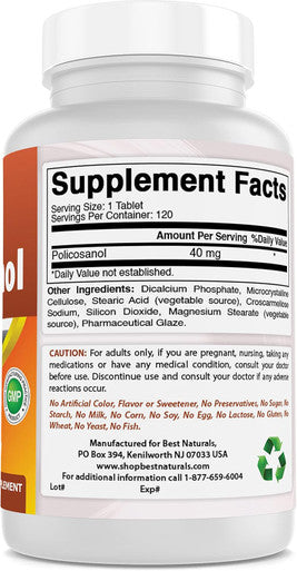 Best Naturals Policosanol 40mg 120 Tablets - Promotes Healthy Cardiovascular Function
