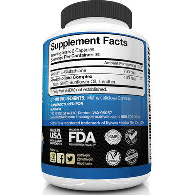 Nutrivein Liposomal Glutathione Setria 700mg - 60 Capsules - Pure Reduced Glutathione - Master Antioxidant for Optimal Cell Protection, Liver Cleanse, Brain and Immune Function