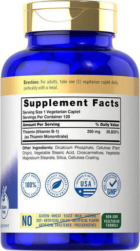 Carlyle Vitamin B1 | 250mg | 120 Caplets | Thiamin Mononitrate | Vegetarian, Non-GMO, and Gluten Free Supplement