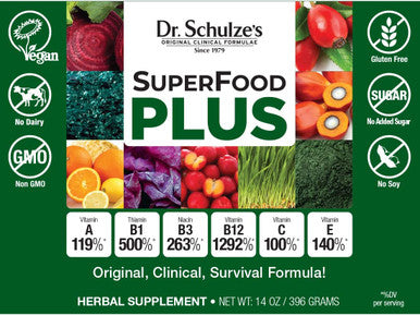 Dr. Schulzes SuperFood Plus Vitamin and Mineral Herbal Concentrate Daily Nutrition GlutenFree and NonGMO Vegan 14 Ounce Powder Packaging May Vary