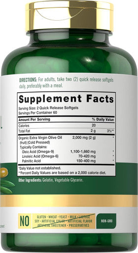 Carlyle Olive Oil Supplement 2000mg | 120 Softgels | Cold Pressed Extra Virgin Olive Oil | Non-GMO Gluten