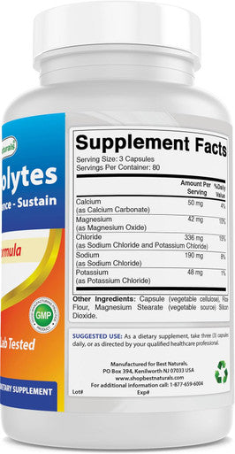 Best Naturals Electrolytes Hydrate-Balance- Sustain Premium Formula 240 Capsules. Gluten and Non-GMO.