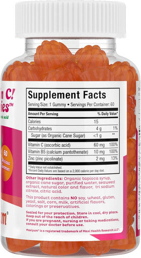 Maxi Health Vitamin C Gummies with Zinc - Vitamin C with Zinc for Children and Adults - Respiratory Support and Immune Booster - No Preservatives and Artificial Flavors - 60 Fruit Shaped Gummies