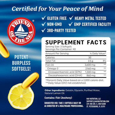 Triple Strength DHA Omega 3 Fish Oil 3600 mg Over 2100mg Omega-3 Fatty Acids with 860mg of DHA 1300mg EPA Best Essential Fatty Acids Premium Wild Caught & Burpless Fish Oil 120 Softgels