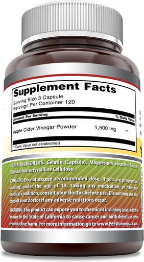 Amazing Nutrition Formulas Apple Cider Vinegar 1500 mg Per Serving Supplement | Capsules | Non-GMO | Gluten | Made in USA (360 Count)
