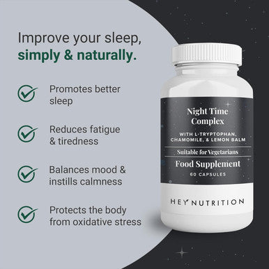 Hey Nutrition Night Time Complex with 100mg L-Tryptophan Chamomile & Lemon Balm Natural Supplement for Sleep & Relaxation - Non-GMO 60 Vegetarian Capsules
