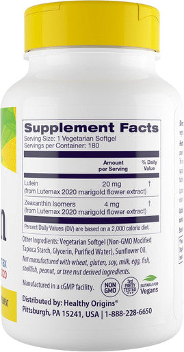 Healthy Origins Lutein Lutemax 2020 Supplement, 20 mg, 180 Count