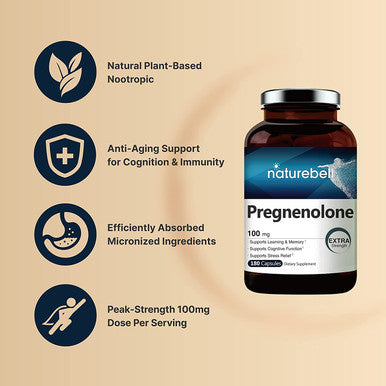 Super Pregnenolone 100mg 180 Capsules Premium Pregnenolone Supplement Pregnenolone Micronized Grade for Higher Absorption Supports Cognitive Function and Immune System No GMOs No Soy
