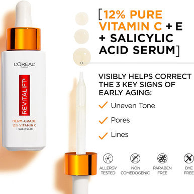 L'Oreal Paris Revitalift 12% Pure Vitamin C Serum Vitamin E Salicylic Acid Moisturizing Smoothing & Brightening Non Greasy + Moisturizer Sample Clear 2 Piece Set