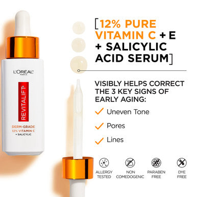 L'Oreal Paris Revitalift 12% Pure Vitamin C Serum Vitamin E Salicylic Acid Brightening 1 Oz + Moisturizer Sample
