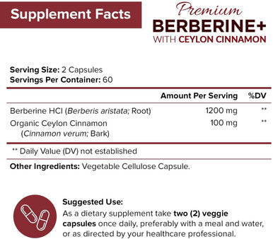 NutriFlair Premium Berberine 1200mg, 120 Capsules - Plus Pure True Ceylon Cinnamon, Berberine HCI Root Supplements Pills - Supports Glucose Metabolism, Immune System, Healthy Weight Management