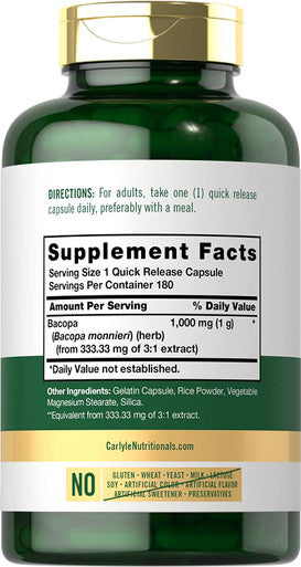 Carlyle Bacopa Monnieri Capsules | 1000 mg | 180 Capsules | Gluten Free Supplement