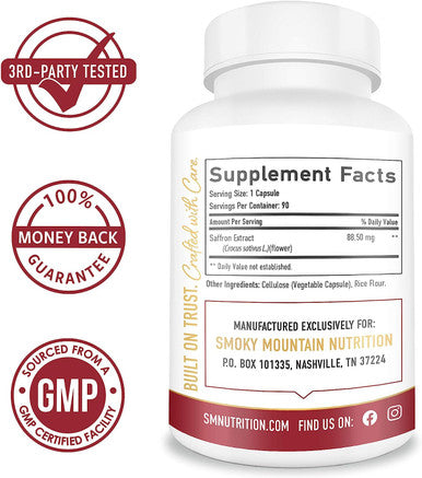 Saffron Supplement 88.5mg (90 Capsules) 100% Saffron Extract Appetite Suppressant for Men & Women*; Weight Loss, Appetite Control, Hunger Suppression & Vision Health*