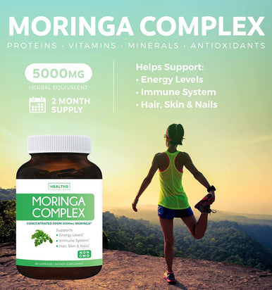 Moringa Capsules 5000mg Blend NonGMO The Herbal Equivalent of 5000mg Moringa Oleifera Powder Extract Complex from Seeds Leaf Fruit Green Vegetarian Supplement 60 Count No Oil or Tea
