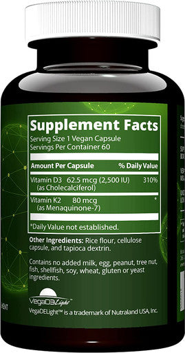 Nutrition Vegan Vitamin D3 & K2 | Bone + Cardiovascular Health | 2500 IU/80mcg | Immune Function | 60 Servings