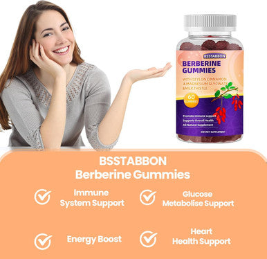 BSSTABBON Berberine Gummies With Berberine Hcl,Ceylon Cinnamon,Magnesium Glycinate Per Serving For Men And Women 60Gummies
