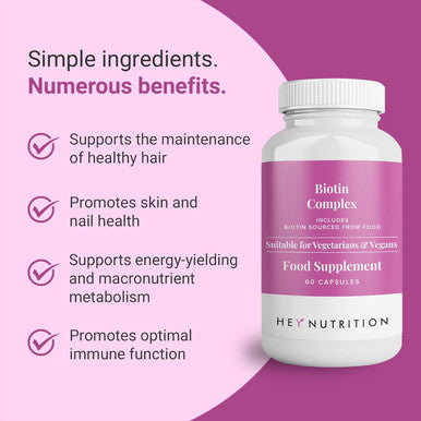 Hey Nutrition Biotin Complex Supplement - Biotin Selenium and Zinc - Supports Hair Nails & Skin - Promotes Immune Health - No Artificial Flavours Non-GMO & Dairy- - 60 Vegan Capsules