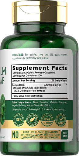 Carlyle Melissa Lemon Balm | 200 Capsules | Non-GMO and Gluten Free Formula | Melissa Leaf Traditional Herbal Supplement | Super Concentrated Extract