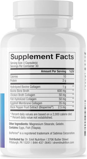 Dr. Emil Nutrition Multi Collagen Pills - Collagen Supplements To Support Hair, Skin, Nails, & Joints - Hydrolyzed Collagen Supplements For Women With Types I, Ii, Iii, V & X - 90 Capsules