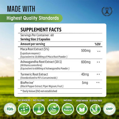 Maca Root 10,000 Mg, Ashwagandha 6000Mg Extract, Capsules For Men & Women With Turmeric Curcumin And Bioperine 120 Capsules Made In Usa