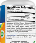 Best Naturals Methyl Folate 15000 mcg (15mg) (Most Bio-Available) 60 Tablets - Supports Cell Formation Growth Function Brain Memory Cardiovascular Health (60 Count (Pack of 1))