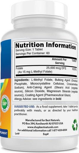 Best Naturals Methyl Folate 15000 mcg (15mg) (Most Bio-Available) 60 Tablets - Supports Cell Formation Growth Function Brain Memory Cardiovascular Health (60 Count (Pack of 1))