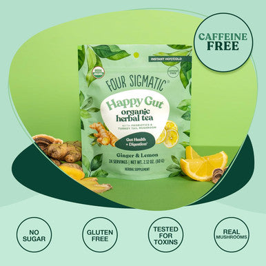 Four Sigmatic Happy Gut Organic Herbal Tea | Organic Lemon Ginger Tea With Probiotics & Turkey Tail Mushroom | Instant Digestive Tea | Vegan Gluten- | Lemon Ginger 24 Servings