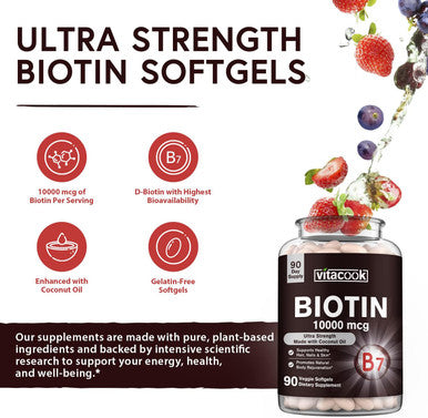 Vitacook Biotin, Hair, Skin & Nails, 10000 Mcg, High Potency, With Coconut Oil, No Gelatin, Vegetarian-Friendly, Once Daily, Non-Gmo, 90 Softgels