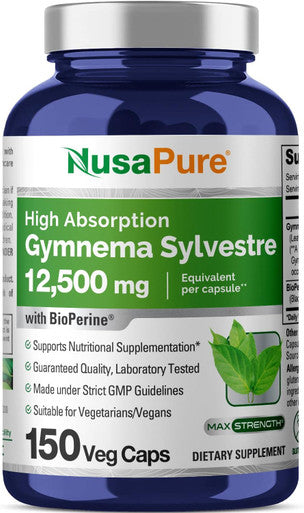 Nusapure Gymnema Sylvestre 12500 Mg Per Vegan Caps - 150 Count - 50:1 Extract (Non-Gmo Vegan Bioperine)