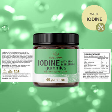Herbamama Iodine Gummies - Potassium Iodine, Zinc & Selenium For Brain Health And Energy - Immune Support Supplement Gummies - Vegan, Gelatin-Free, Non-Gmo - 60 Apple-Flavored Chews