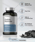 Choline Bitartrate | 1000mg | 250 Capsules | High Potency | Non-GMO, Gluten Free Supplement | by Horbaach