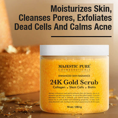 Majestic Pure 24K Gold Scrub - Biotin, Collagen, VitaminE & Stem Cell - Exfoliating Body Scrub, Skin Moisturizer, Pore Cleanser & Body Exfoliator - Natural Skin Care - 24k Scrub For Men & Women - 10oz