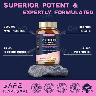 Inositol Supplement For Women With Vitamin D3, Folate, 40:1 Ratio Myo-Inositol 3000Mg & D-Chiro Inositol 75Mg Complex, (Vitamin B8) Inositol Capsules, Pack Of 2