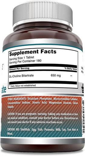 Amazing Nutrition Formulas Choline Bitartrate - 650 MG 180 Tablets (Non-GMO Gluten ) Supports Nerve & Brain Health - Promotes Cellular Function - Cognitive Support