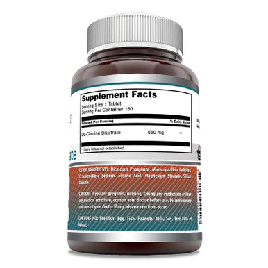 Amazing Formulas Choline Bitartrate - 650 Mg, 180 Tablets (Non-Gmo, Gluten Free) Supports Nerve & Brain Health - Promotes Cellular Function - Cognitive Support