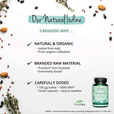 Natural Iodine Vegavero | from Organic Scottish Sea Kelp (PureSea ) | 180 Capsules | 231 mg Seaweed Powder with 150 mcg Pure Iodine | NO Tablets = NO Additives | Vegan Supplement