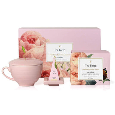 Tea Forte Jardin 3-Piece Tea Set with Pink Cafe Cup with Lid Tea Tray and 10 Assorted 2 of Each Variety Organic Handcrafted Pyramid Infuser Tea Bags