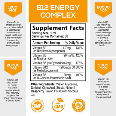 Vitamin B12 1200 Mcg - Sublingual Liquid Drops Extra Strength Energy Support - Nature's Fast Acting B-12 Methylcobalamin Supplement Raspberry Flavor, Non-GMO & Gluten-Free - 2 Fl Oz