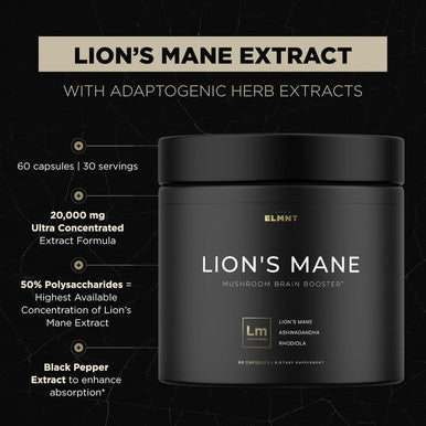 20,000mg 16x Strength Lions Mane Supplement Capsules Super Nootropic w. Ashwagandha & Rhodiola - Highest Potency Lion's Mane Mushroom Extract 50% Polysaccharides - Brain Supplement for Memory & Focus