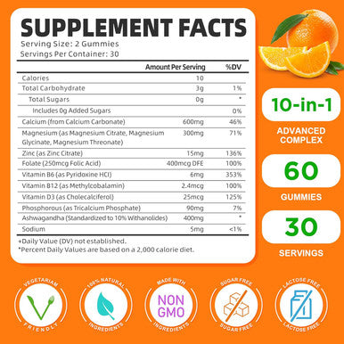 Calcium Magnesium Zinc Supplement With Vitamin D3, Sugar Calcium Gummies For Women Men, High Potency Magnesium Gummies For Bone & Muscle & Immune Health, Orange Flavors - 60 Count