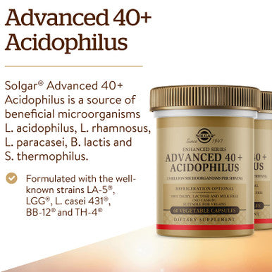 Solgar Advanced 40+ Acidophilus 120 Vegetable Capsules - Supports Healthy Intestinal Flora - 1.5 Billion Microorganisms Per Serving - Gluten Dairy Lactose & Milk Free - Vegetarian - 120 Servings