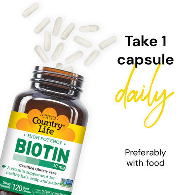Country Life Biotin High Potency 10Mg 120 Count Certified Gluten Free Certified Vegan Verified Non Gmo