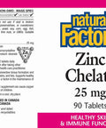 Natural Factors Zinc Chelate 25mg Support for Healthy Skin Immune Function 90 Tablets